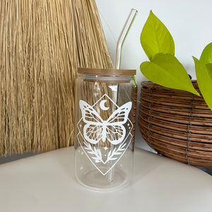 Glass Can with glass straw 16oz - Moth Collection
